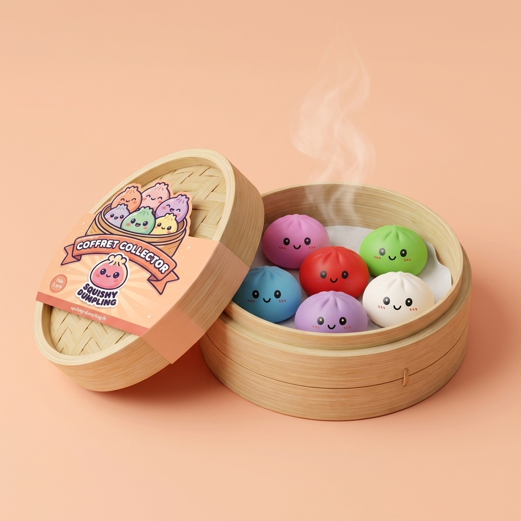 Dumpling Squishy Collection 6 kpl bambukoreissa bambutyylisessä höyrykorirasiassaan