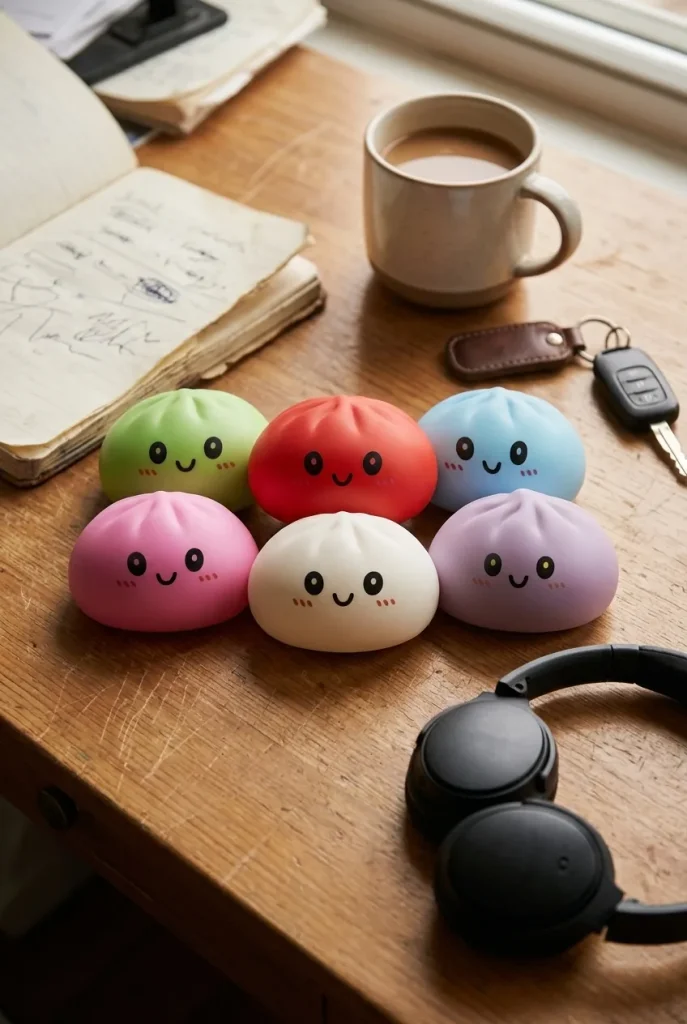 Dumpling Squishy Collection 6 kpl bambukoreissa työpöydällä — asiakaskuva