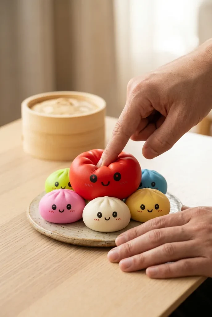 Dumpling Squishy Collection 6 kpl bambukoreissa sormien välissä — asiakaskuva