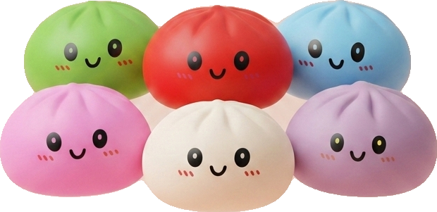 Dumpling Squishy Collection 6 kpl bambukoreissa — squishy antistressilelu, slow-rise, kawaii