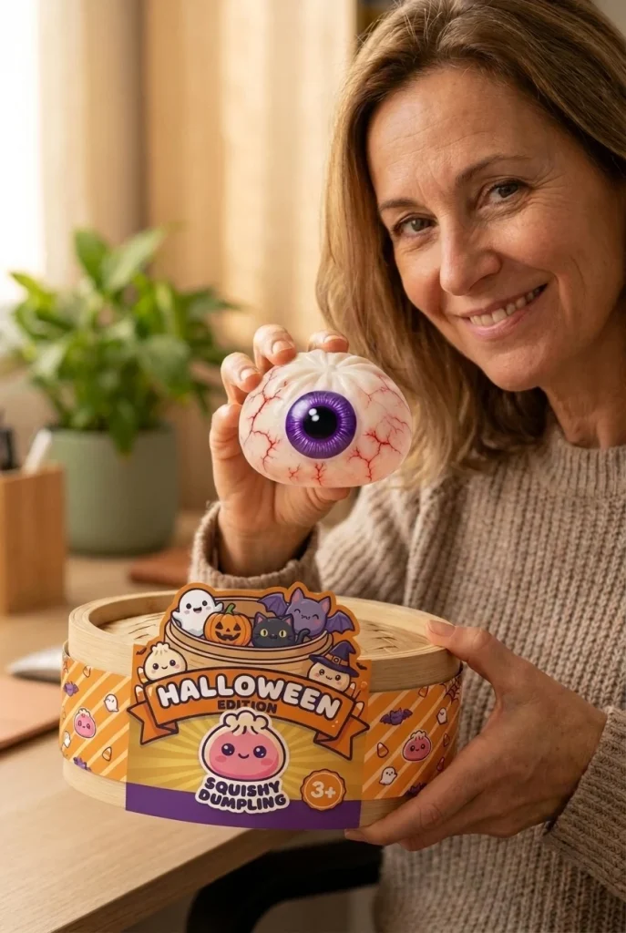 Eye Dumpling Squishy Halloween Kammottava pakkauksensa kanssa