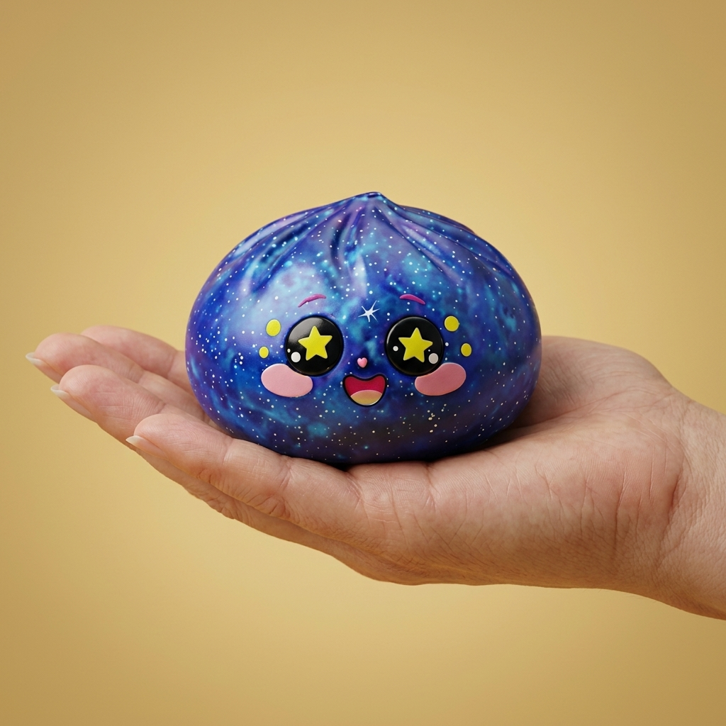Galaxy Dumpling Squishy Tähtitaivas kädessä, todellinen koko