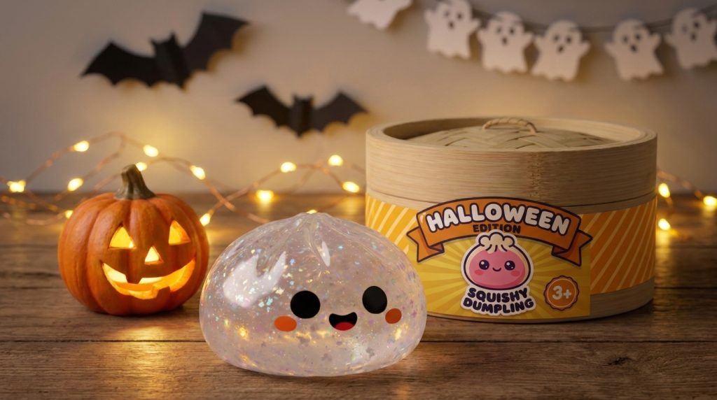Glitter Dumpling Squishy Halloween Fantomi arkisessa asetelmassa