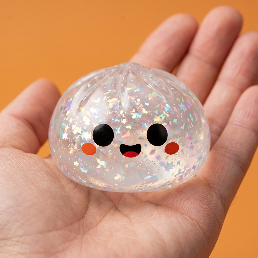 Glitter Dumpling Squishy Halloween Fantomi kädessä — kokovertailu