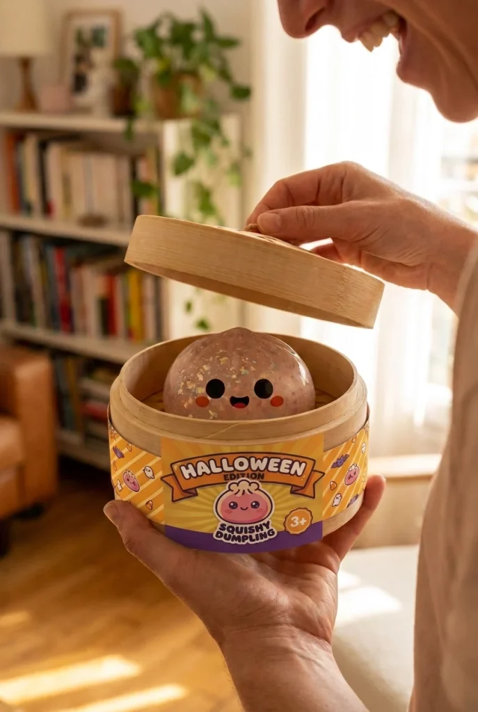 Glitter Dumpling Squishy Halloween Fantomi avauksen hetkellä