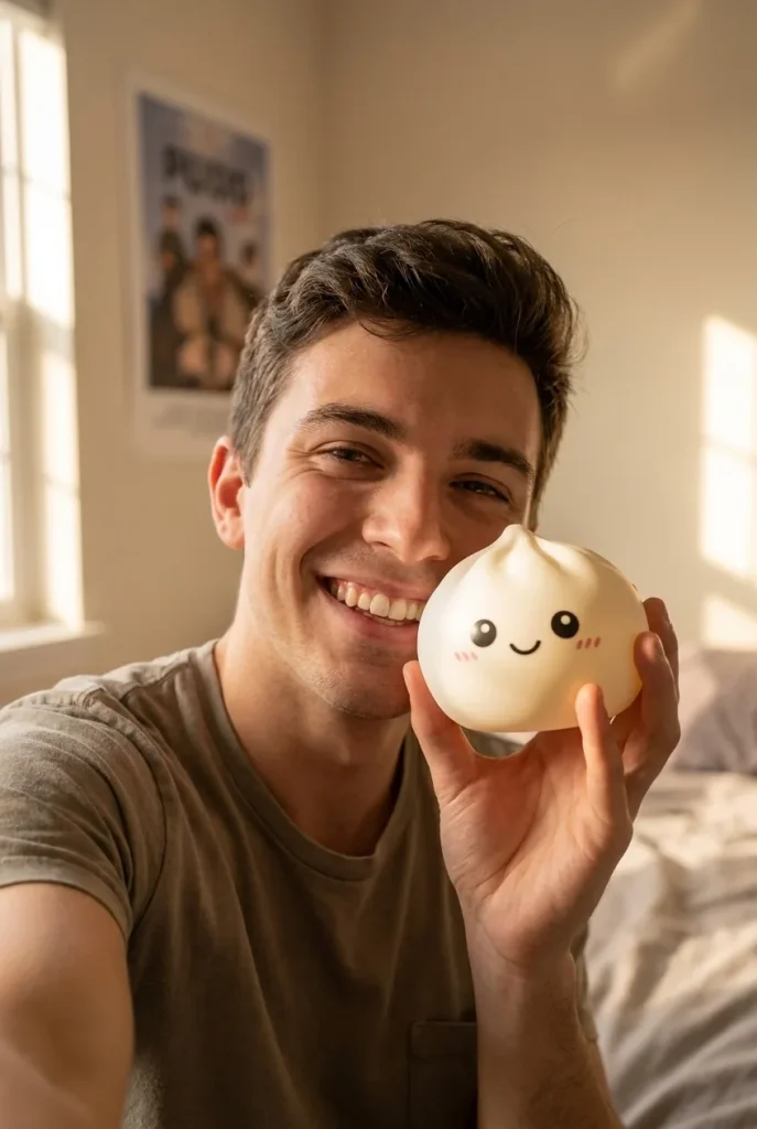 Giant Dumpling Squishy XXL 25 cm kasvojen lähellä — asiakaskuva
