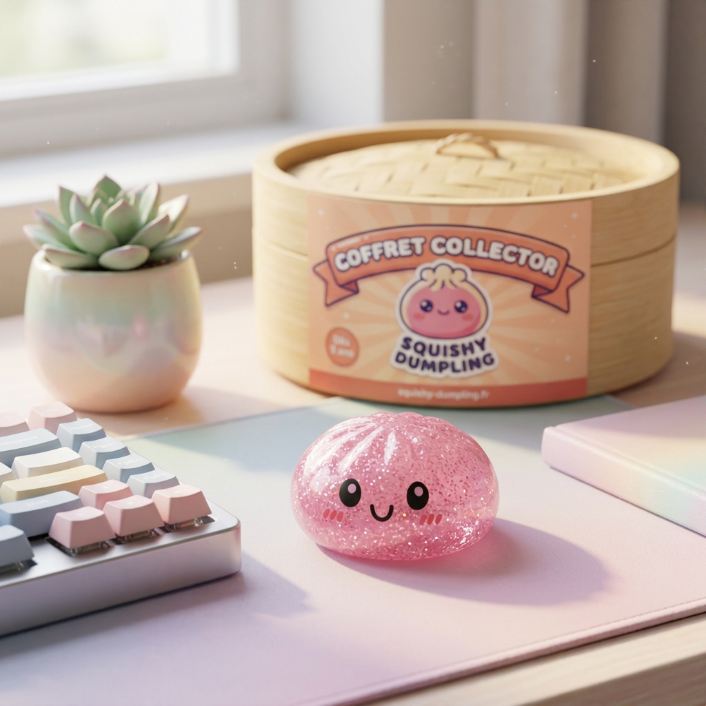 Glitter Dumpling Squishy -setti 6 kpl tunnelmakuvassa työpöydällä