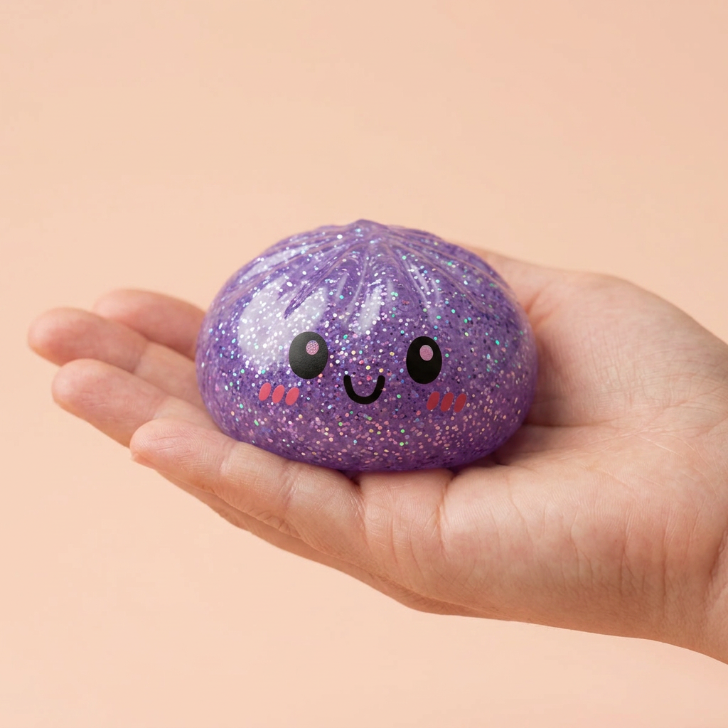 Glitter Dumpling Squishy -setti 6 kpl kädessä, todellinen koko