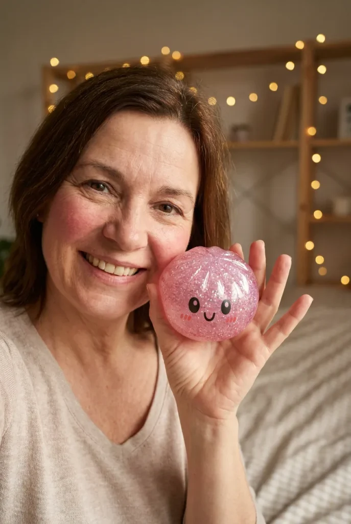 Glitter Dumpling Squishy -setti 6 kpl kasvojen lähellä — asiakaskuva