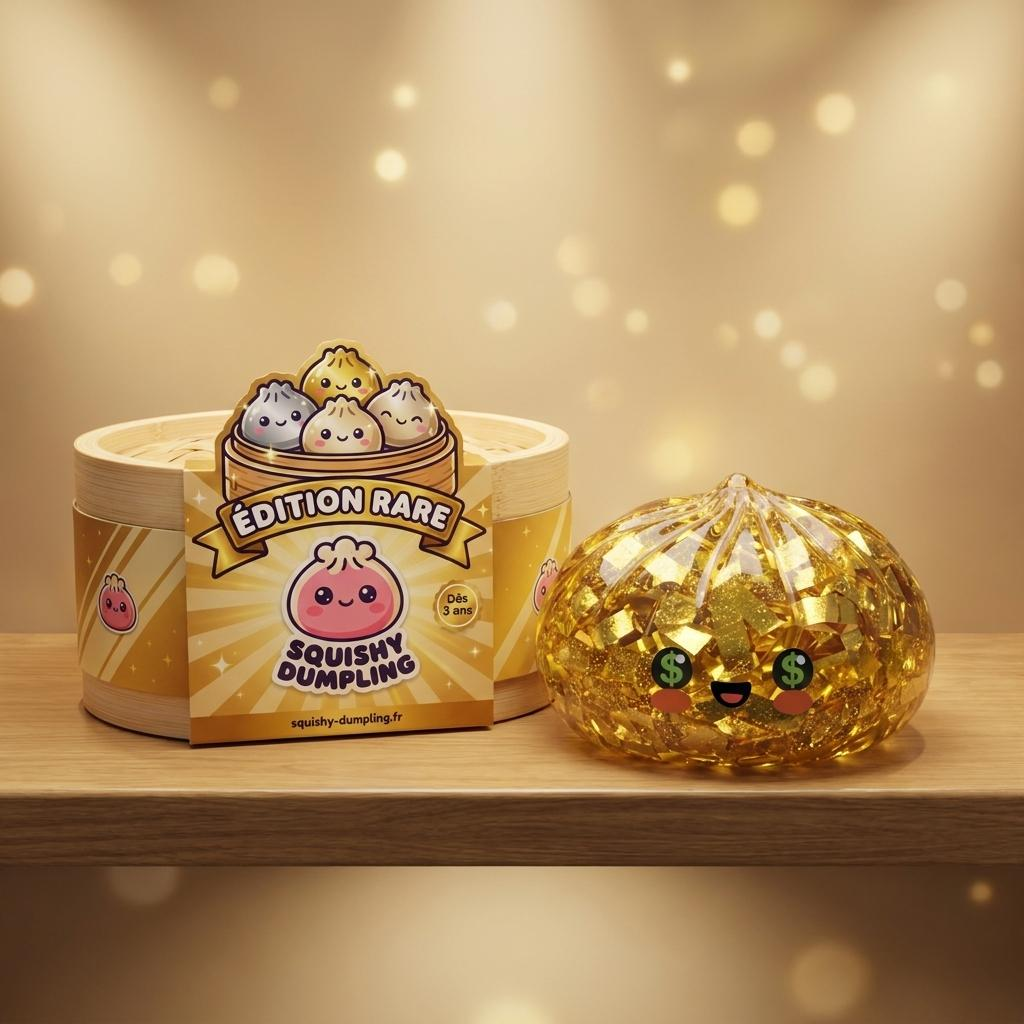 Gold Dumpling Squishy Kultainen Harvinaisuus tunnelmakuvassa työpöydällä