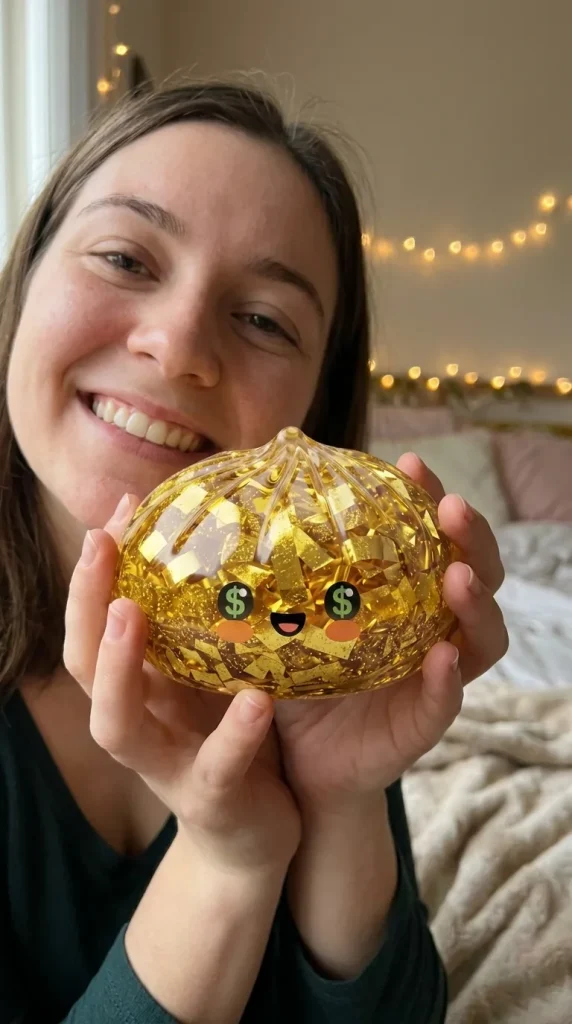 Gold Dumpling Squishy Kultainen Harvinaisuus kasvojen lähellä — asiakaskuva