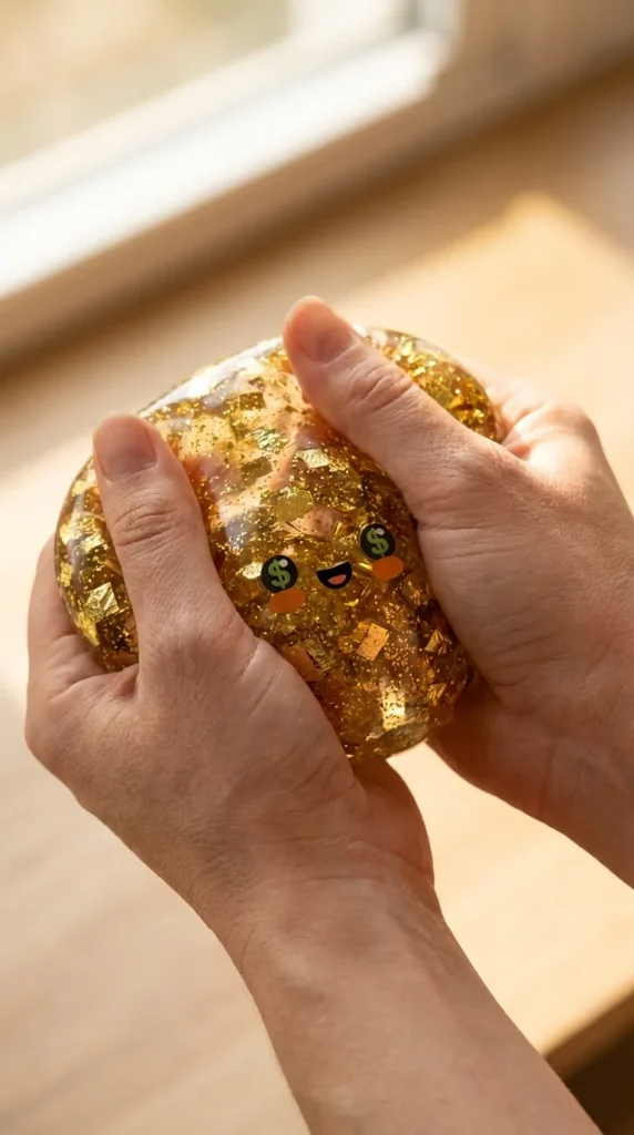 Gold Dumpling Squishy Kultainen Harvinaisuus sormien välissä — asiakaskuva