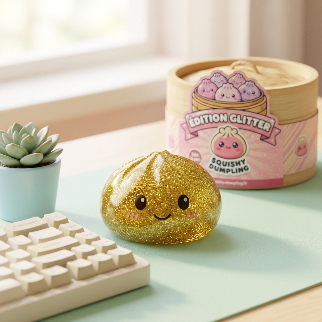 Glitter Dumpling Squishy Kulta tunnelmakuvassa työpöydällä
