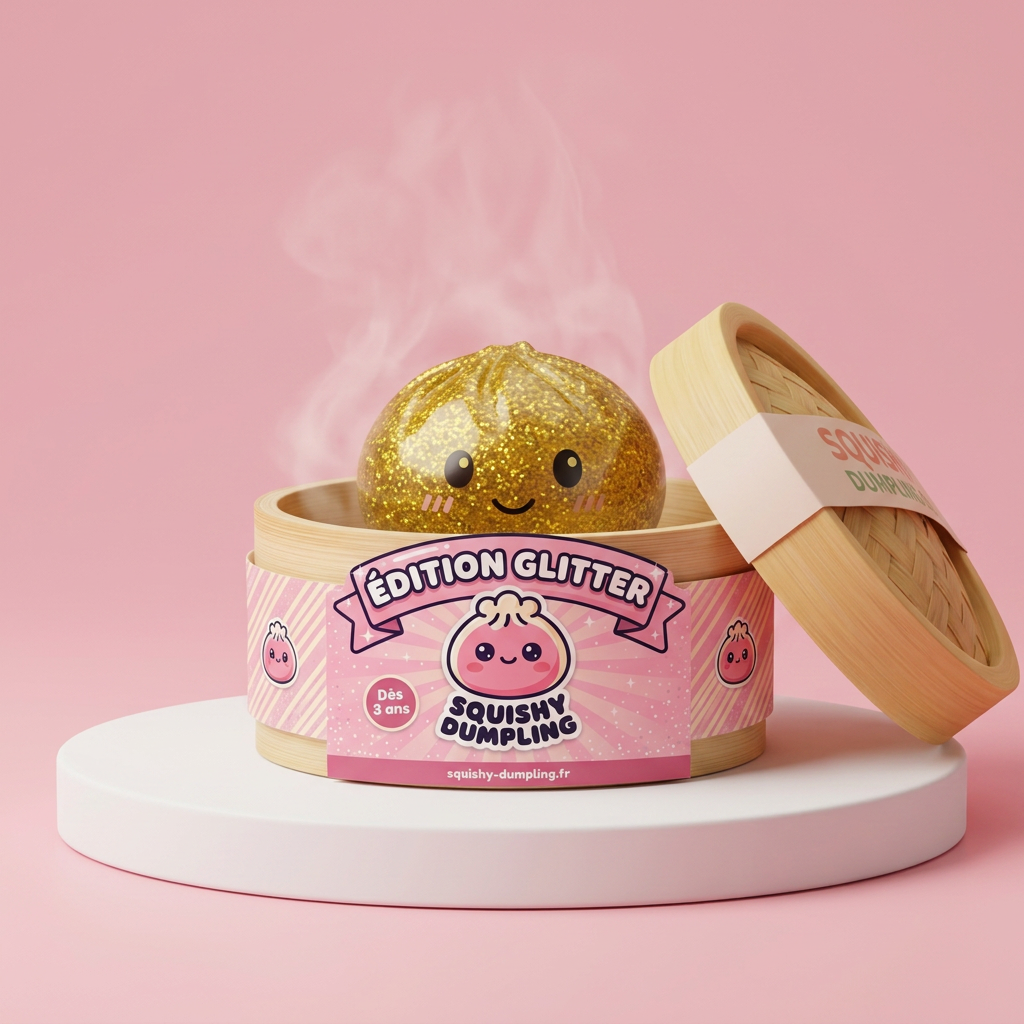Glitter Dumpling Squishy Kulta bambutyylisessä höyrykorirasiassaan