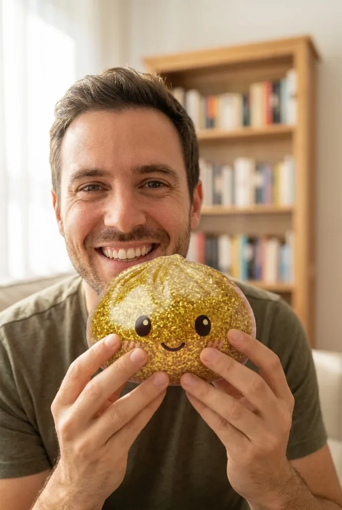 Glitter Dumpling Squishy Kulta kasvojen lähellä — asiakaskuva