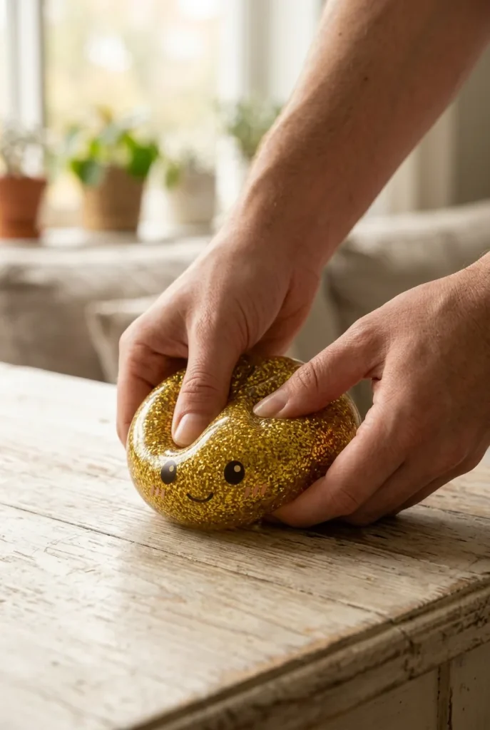 Glitter Dumpling Squishy Kulta sormien välissä — asiakaskuva