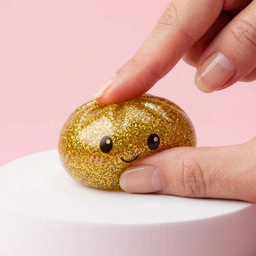Glitter Dumpling Squishy Kulta puristettuna kädessä, squishy-materiaali
