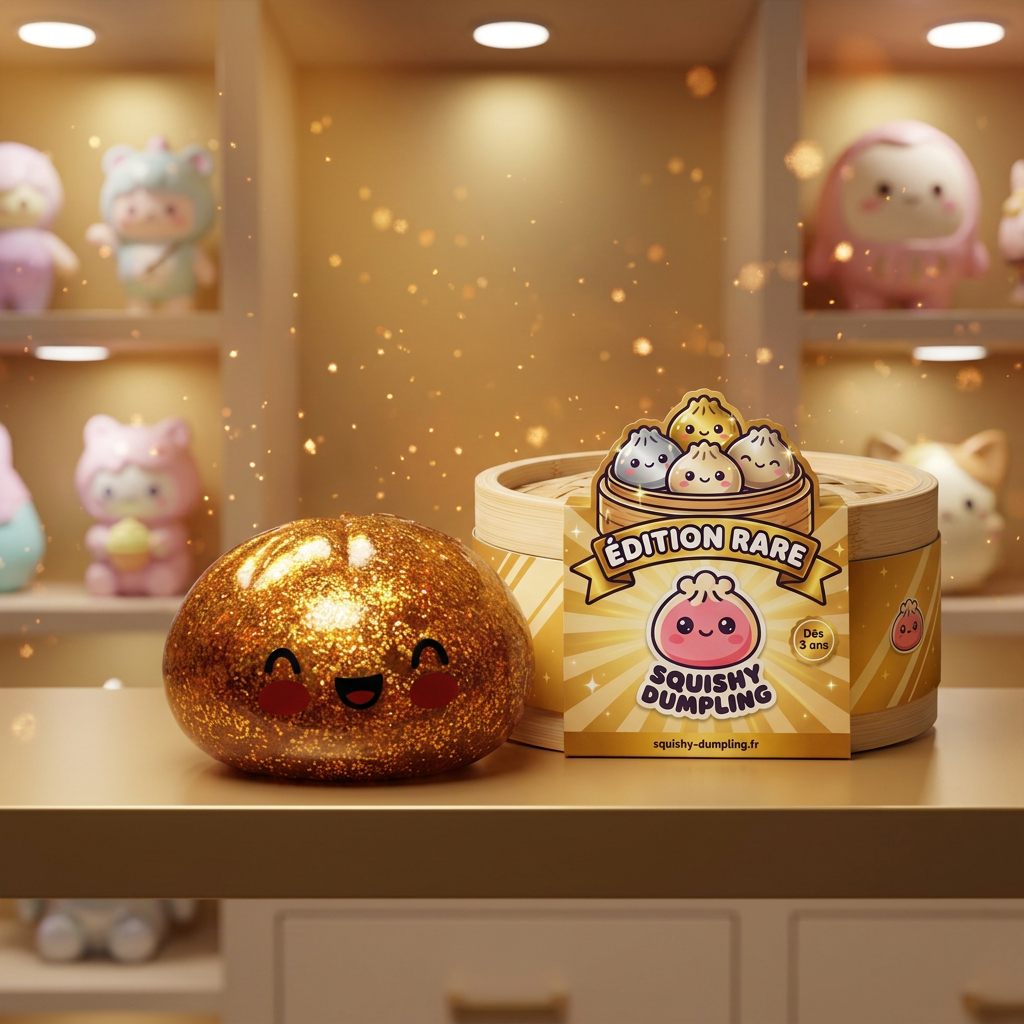 Glitter Dumpling Squishy Gold Aarre tunnelmakuvassa työpöydällä