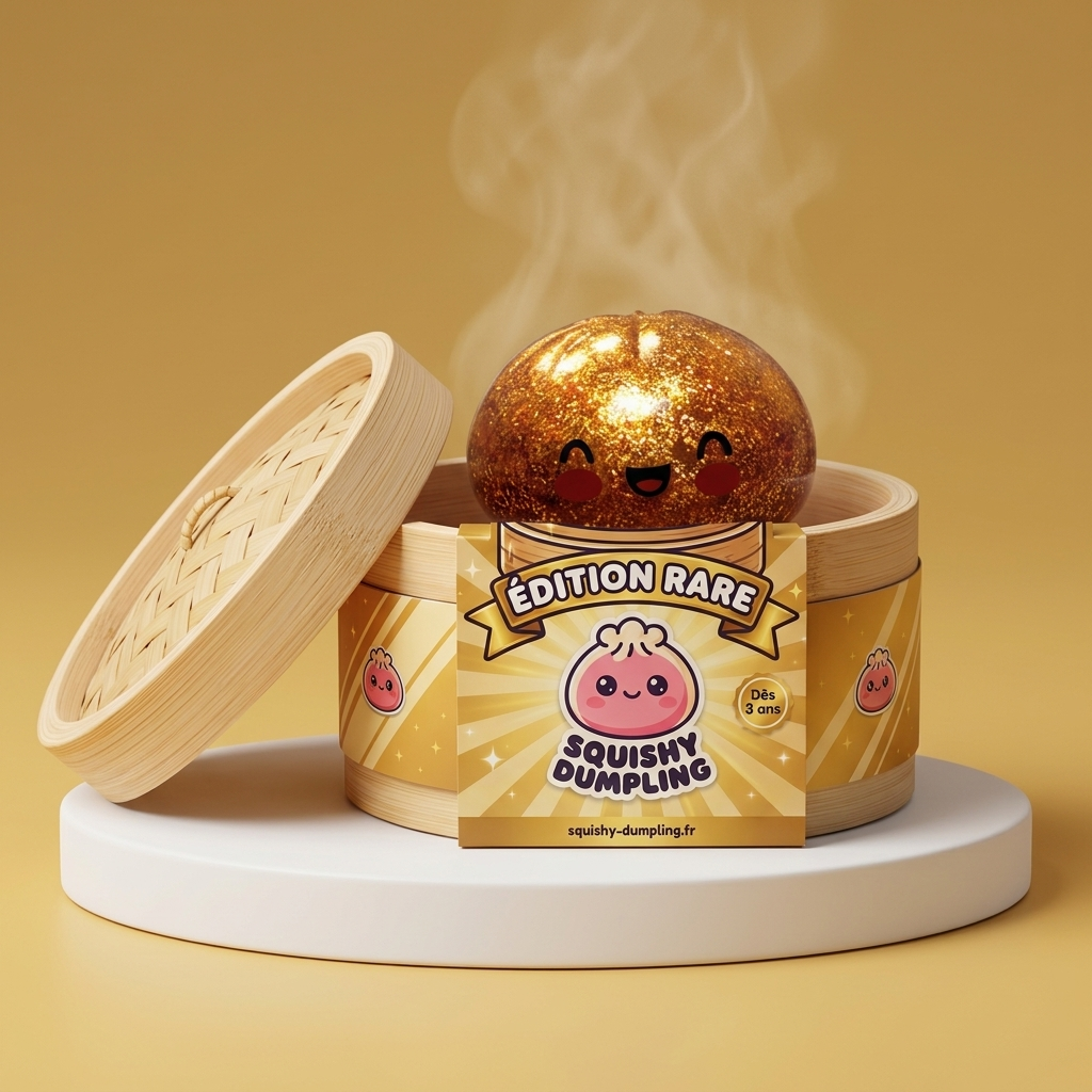Glitter Dumpling Squishy Gold Aarre bambutyylisessä höyrykorirasiassaan