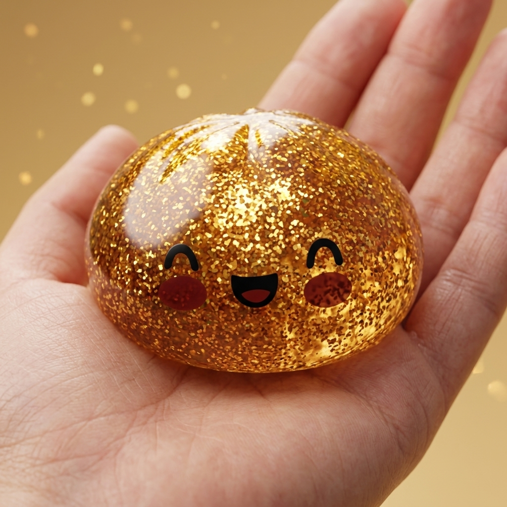Glitter Dumpling Squishy Gold Aarre kädessä, todellinen koko