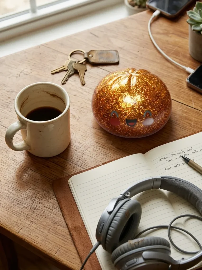 Glitter Dumpling Squishy Gold Aarre työpöydällä — asiakaskuva