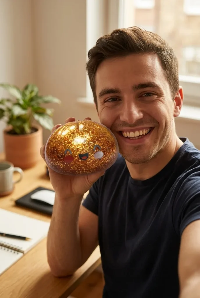 Glitter Dumpling Squishy Gold Aarre kasvojen lähellä — asiakaskuva