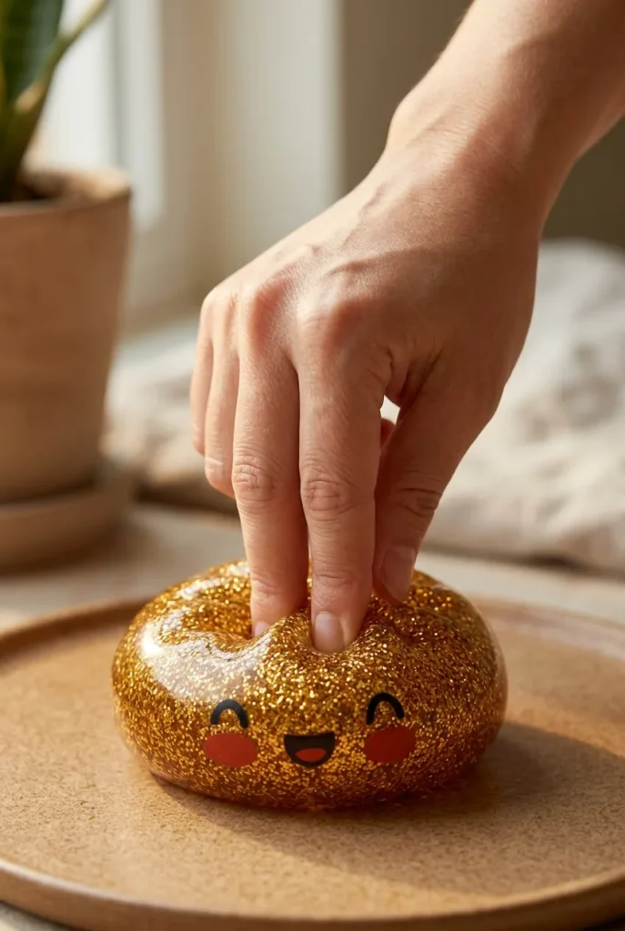 Glitter Dumpling Squishy Gold Aarre sormien välissä — asiakaskuva