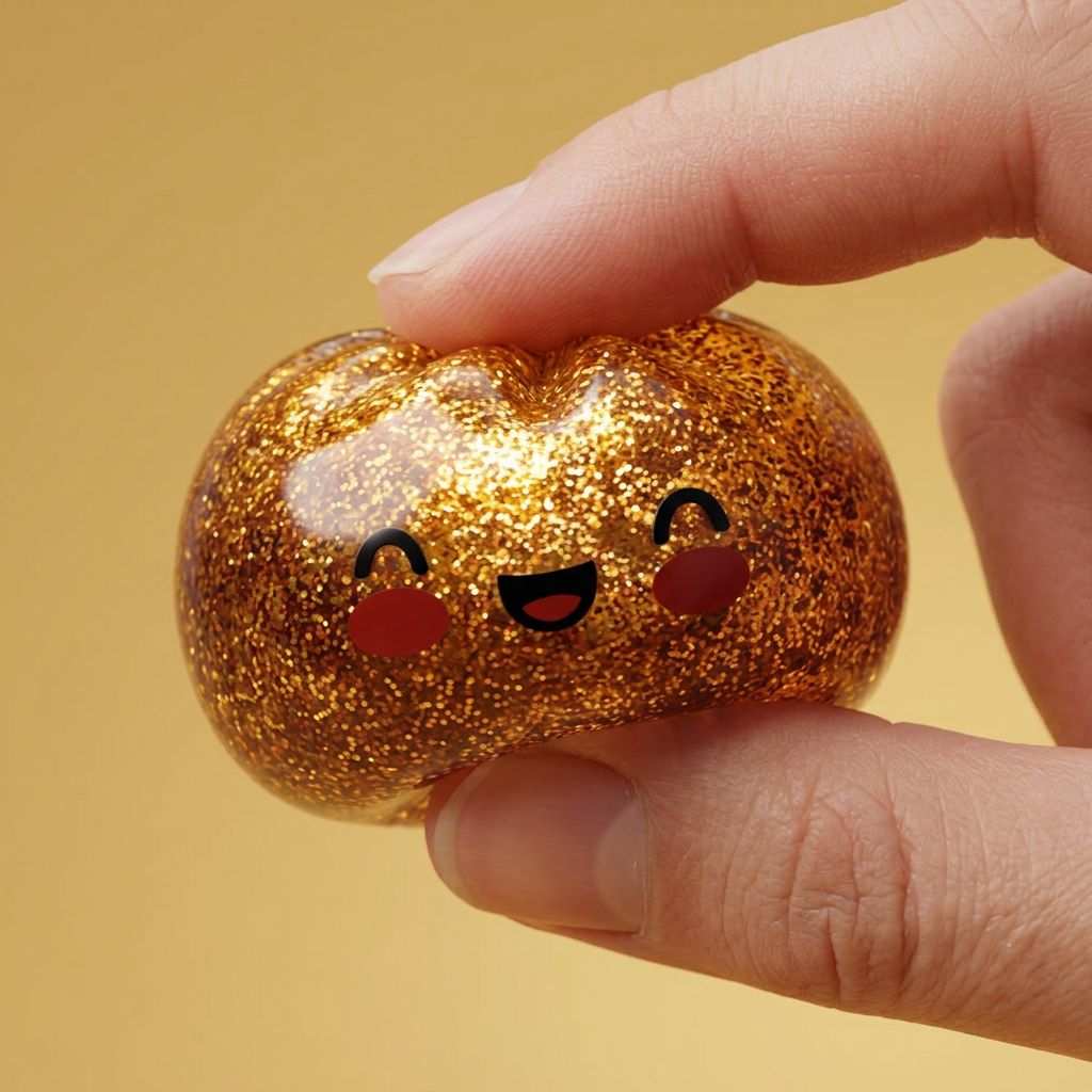 Glitter Dumpling Squishy Gold Aarre puristettuna kädessä, squishy-materiaali
