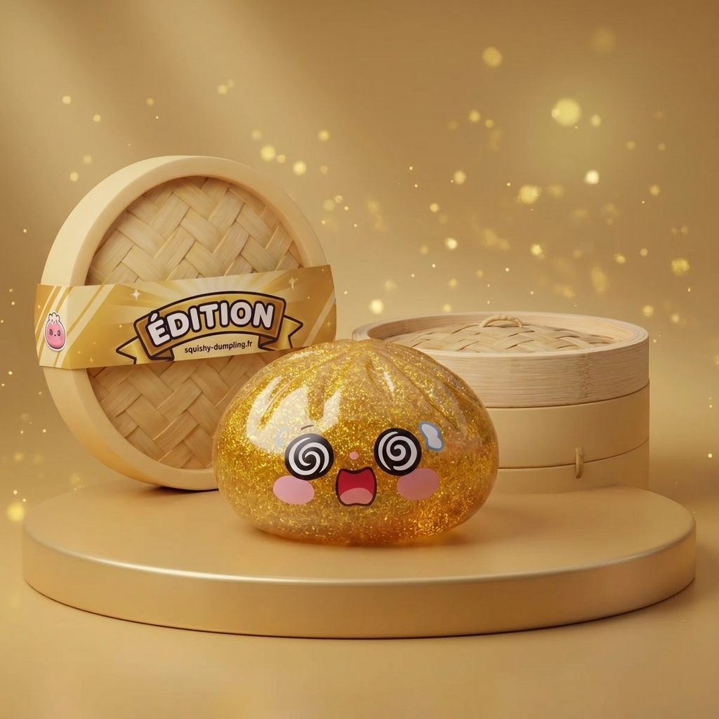 Gold Dumpling Squishy Onnentuoja Kulta tunnelmakuvassa työpöydällä
