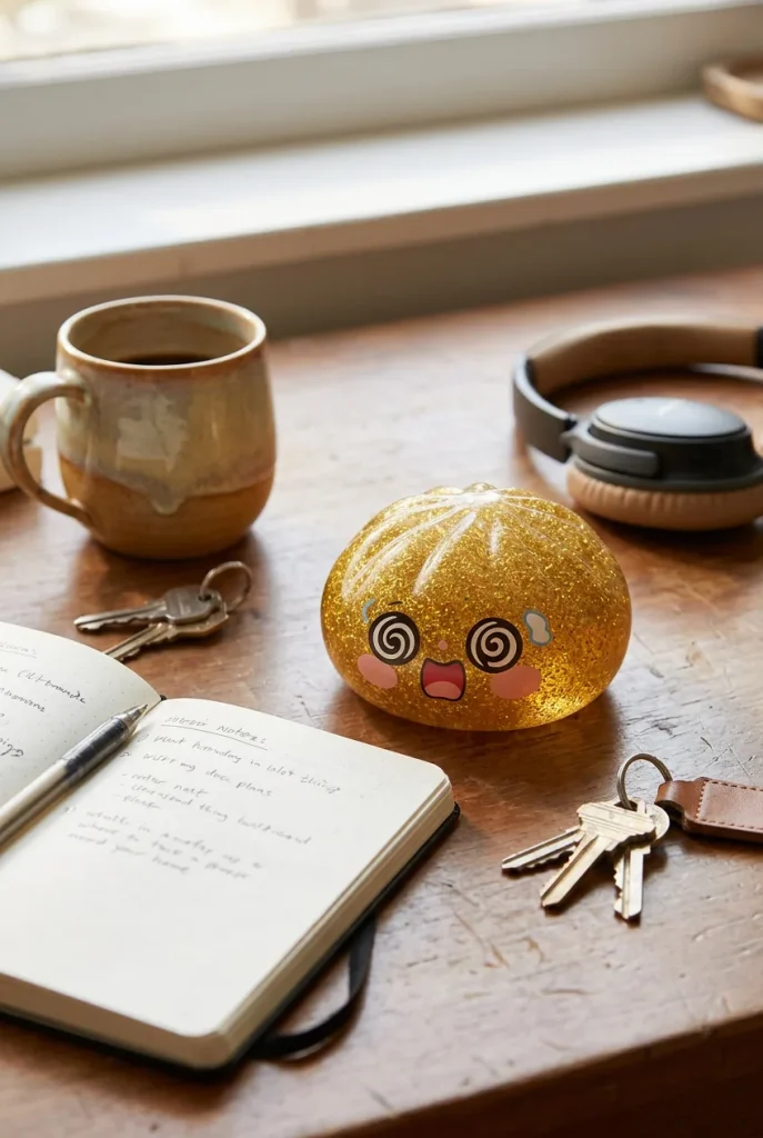 Gold Dumpling Squishy Onnentuoja Kulta työpöydällä — asiakaskuva