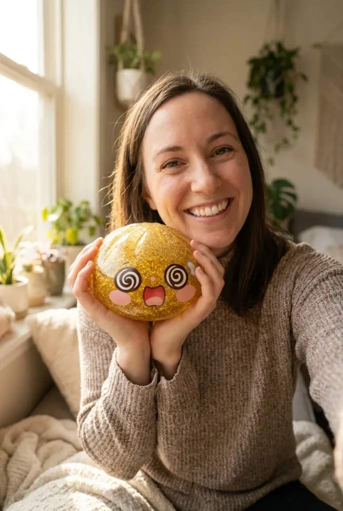 Gold Dumpling Squishy Onnentuoja Kulta kasvojen lähellä — asiakaskuva