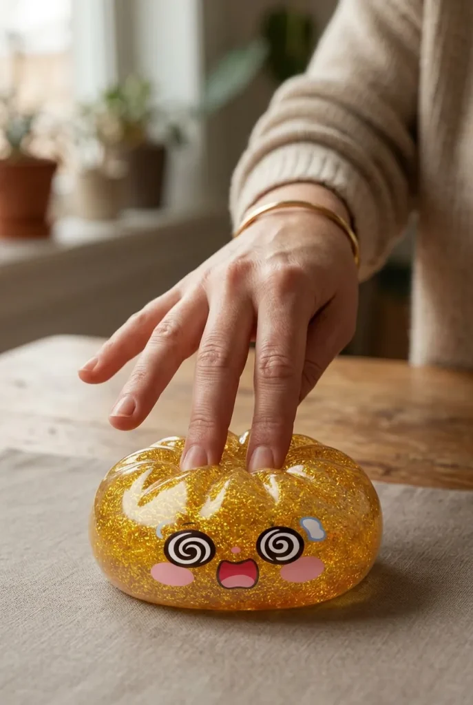 Gold Dumpling Squishy Onnentuoja Kulta sormien välissä — asiakaskuva