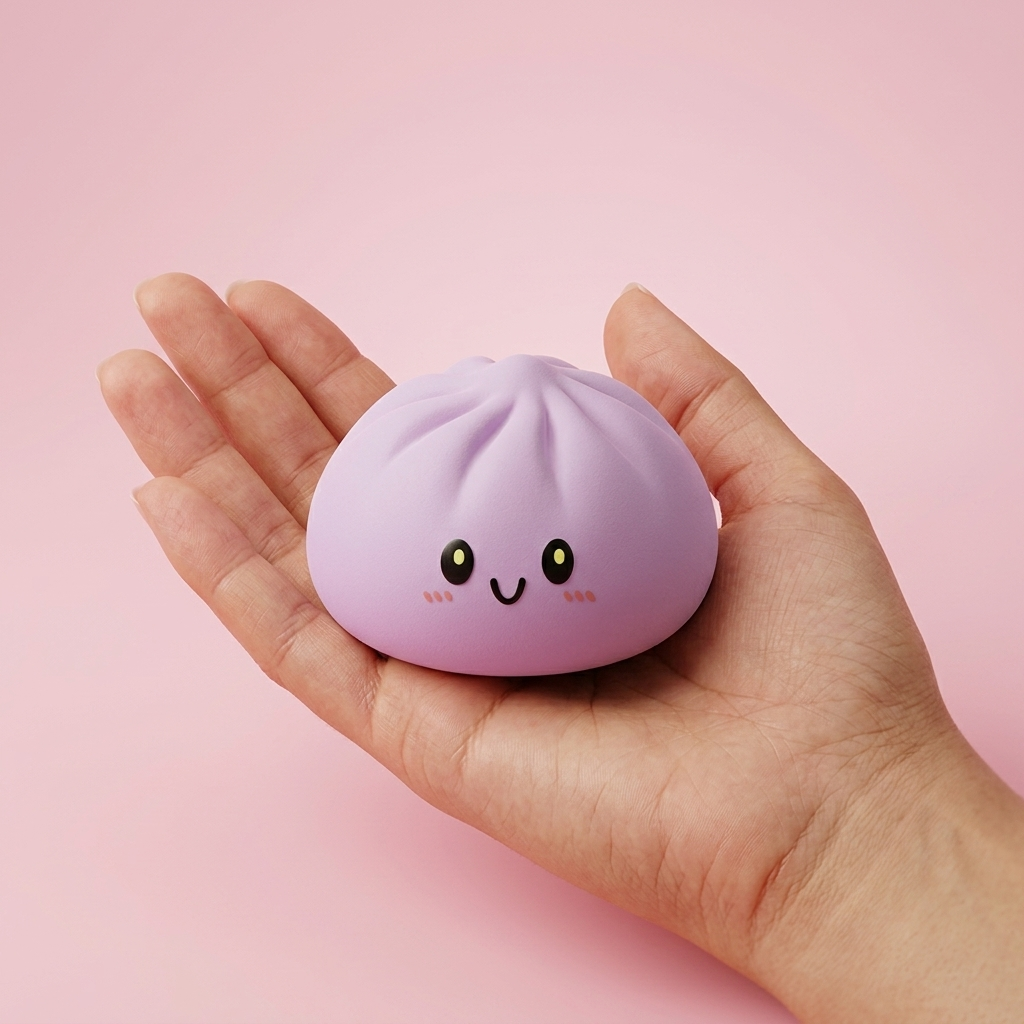 Dumpling Squishy Magenta – Marjanpunainen Klassikko kädessä — kokovertailu