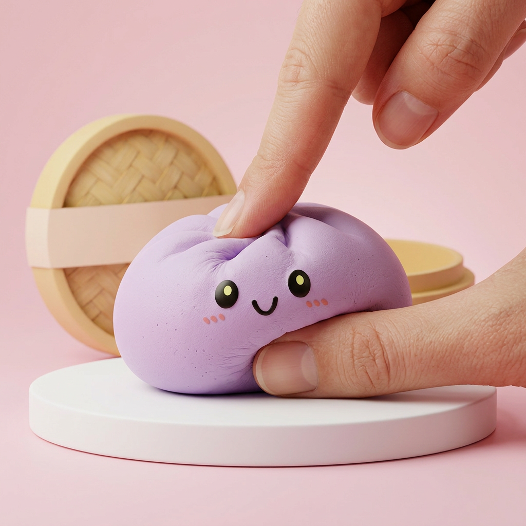 Dumpling Squishy Magenta – Marjanpunainen Klassikko puristettuna kädessä