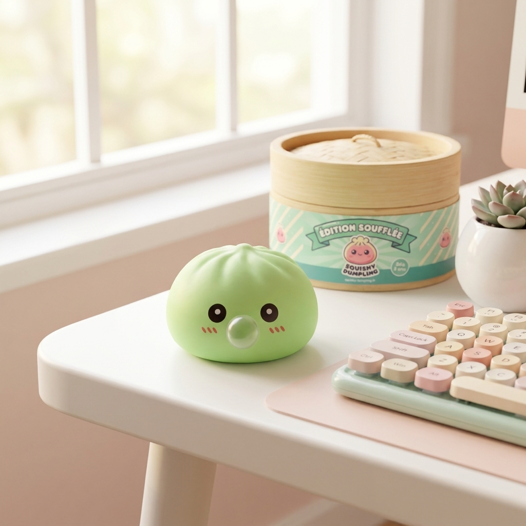 Dumpling Squishy Vihreä XXL, bambuinen höyrykori tunnelmakuvassa työpöydällä