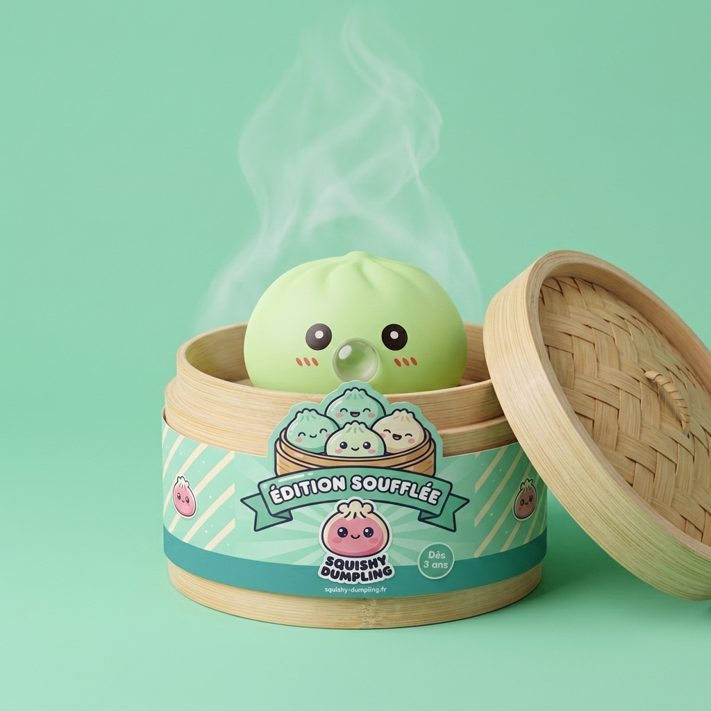 Dumpling Squishy Vihreä XXL, bambuinen höyrykori bambutyylisessä höyrykorirasiassaan