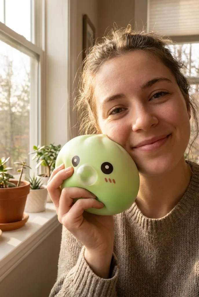 Dumpling Squishy Vihreä XXL, bambuinen höyrykori kasvojen lähellä — asiakaskuva