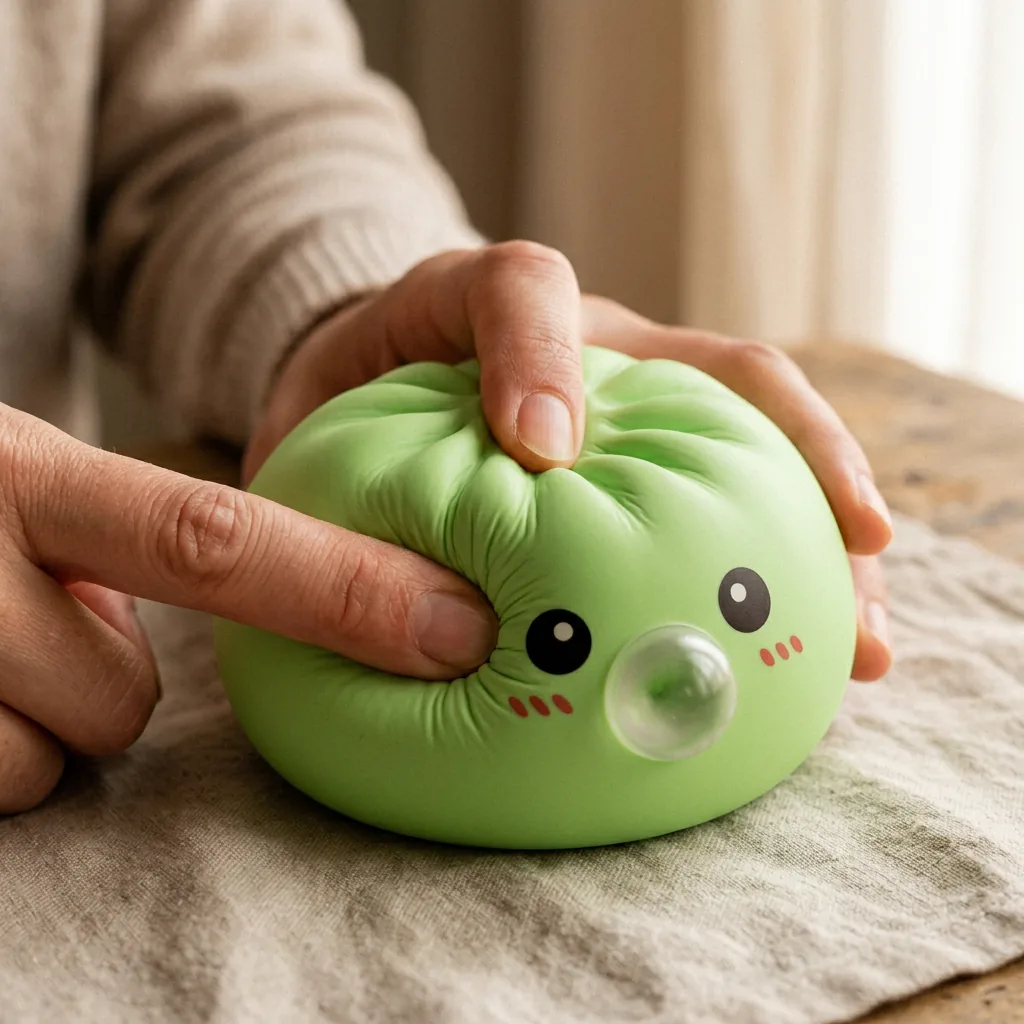 Dumpling Squishy Vihreä XXL, bambuinen höyrykori sormien välissä — asiakaskuva
