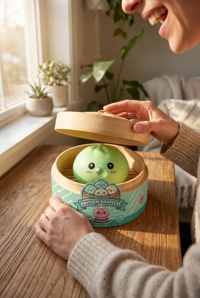 Dumpling Squishy Vihreä XXL, bambuinen höyrykori — unboxing, asiakaskuva