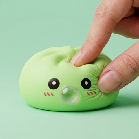 Dumpling Squishy Vihreä XXL, bambuinen höyrykori puristettuna kädessä, squishy-materiaali