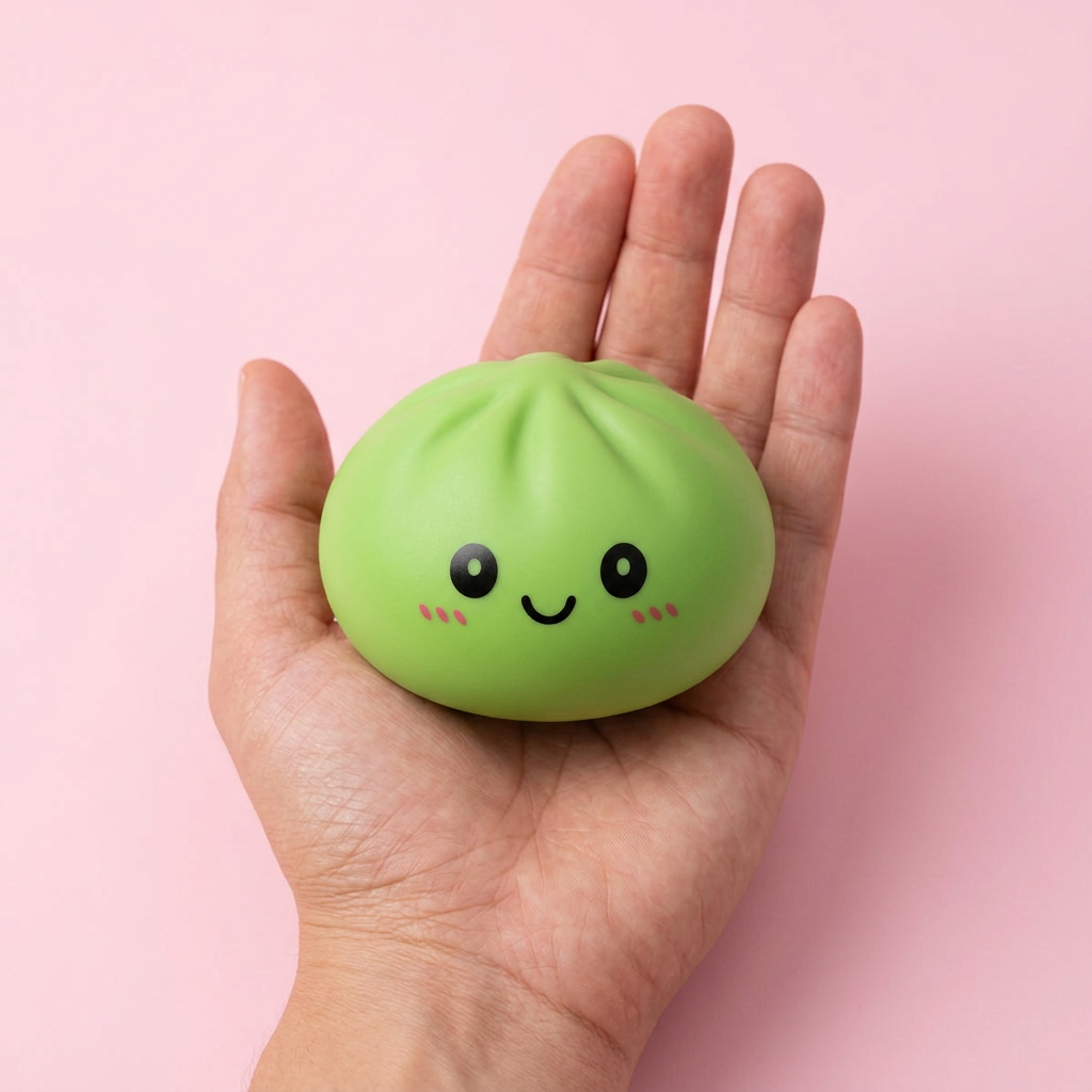Dumpling Squishy Matcha Vihreä kädessä, todellinen koko