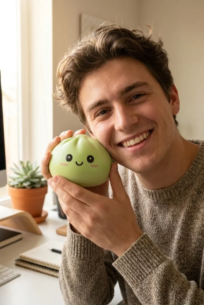 Dumpling Squishy Matcha Vihreä kasvojen lähellä — asiakaskuva