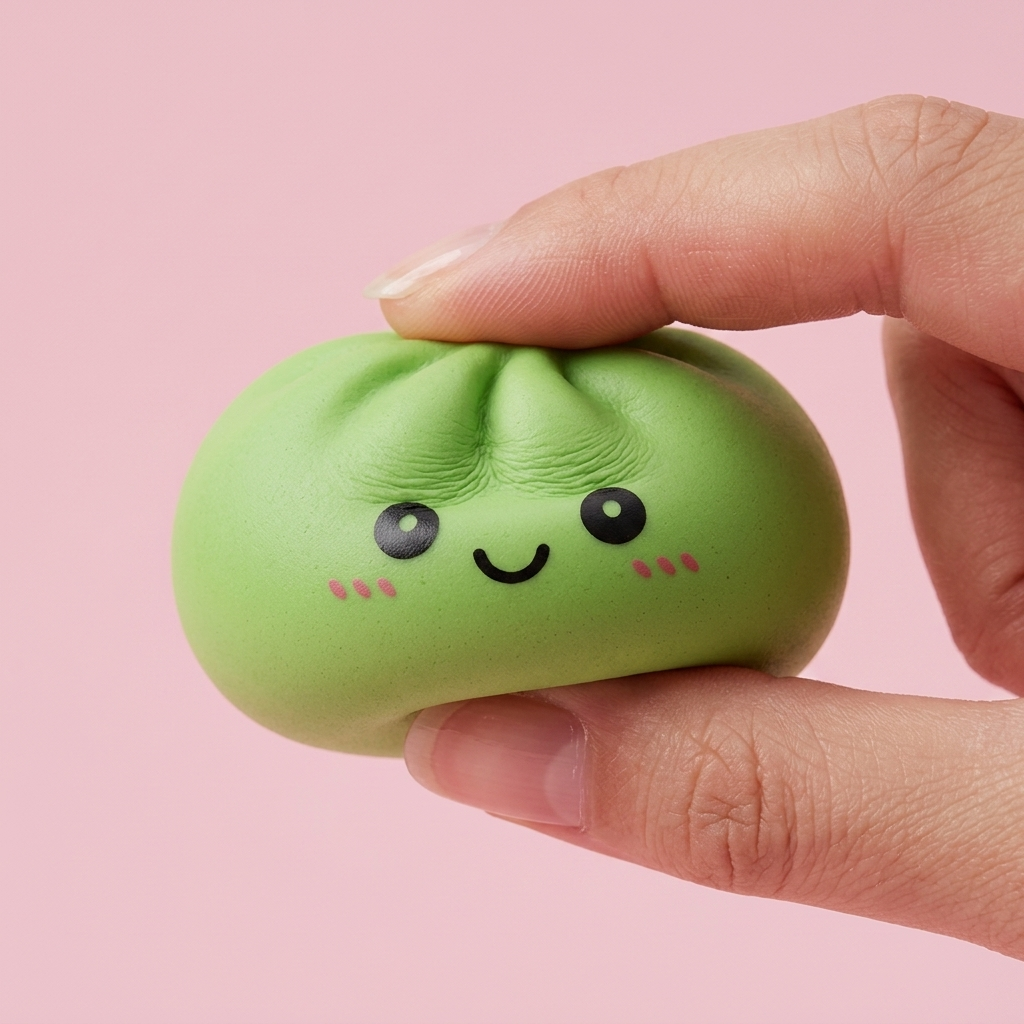 Dumpling Squishy Matcha Vihreä puristettuna kädessä, squishy-materiaali