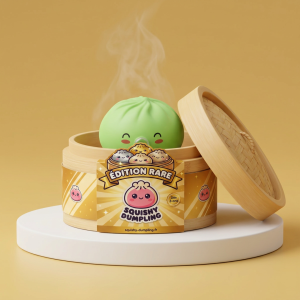 Dumpling Squishy Matcha Vihreä Rare Blow bambutyylisessä höyrykorirasiassaan