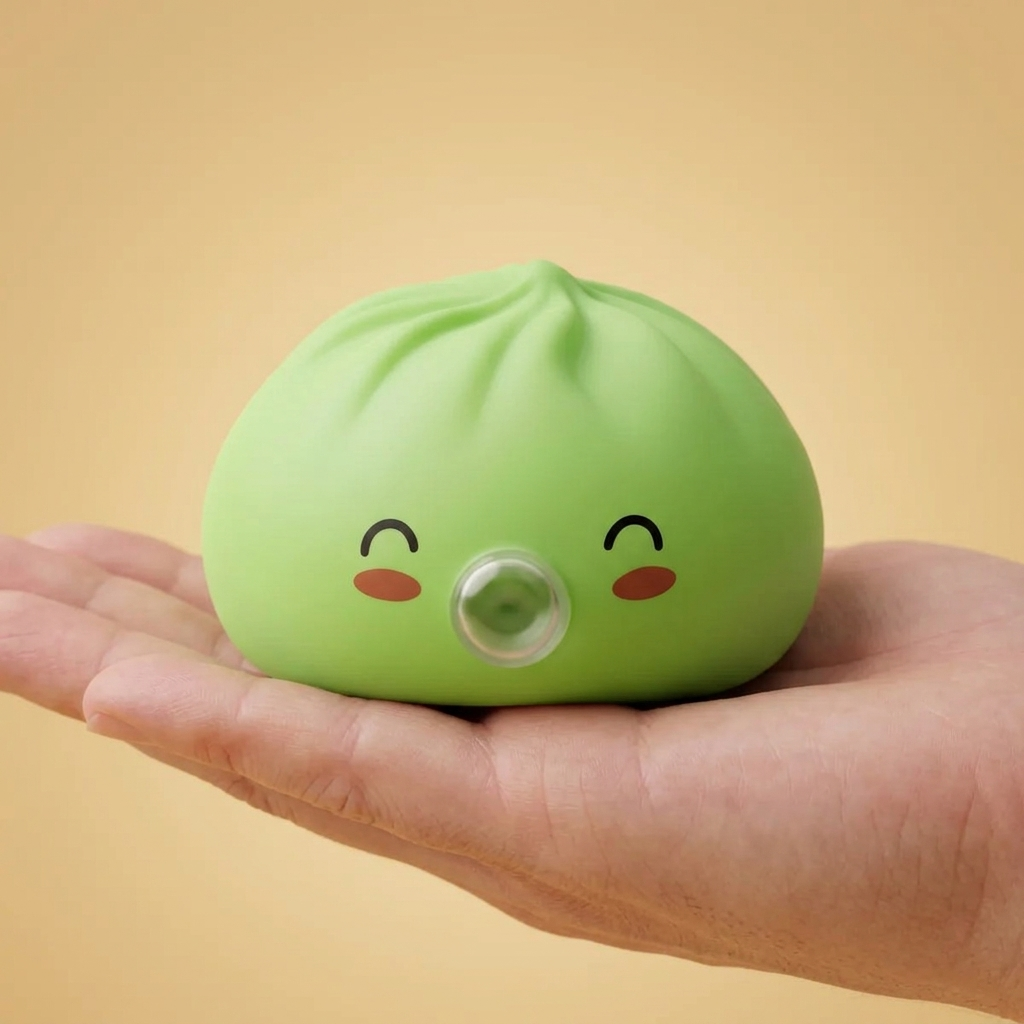 Dumpling Squishy Matcha Vihreä Rare Blow kädessä, todellinen koko