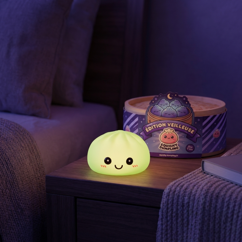 Dumpling Squishy Yövalo Vihreä tunnelmakuvassa työpöydällä