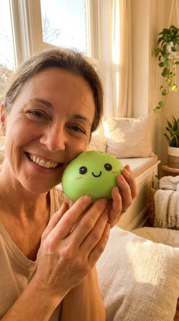 Dumpling Squishy Yövalo Vihreä kasvojen lähellä — asiakaskuva