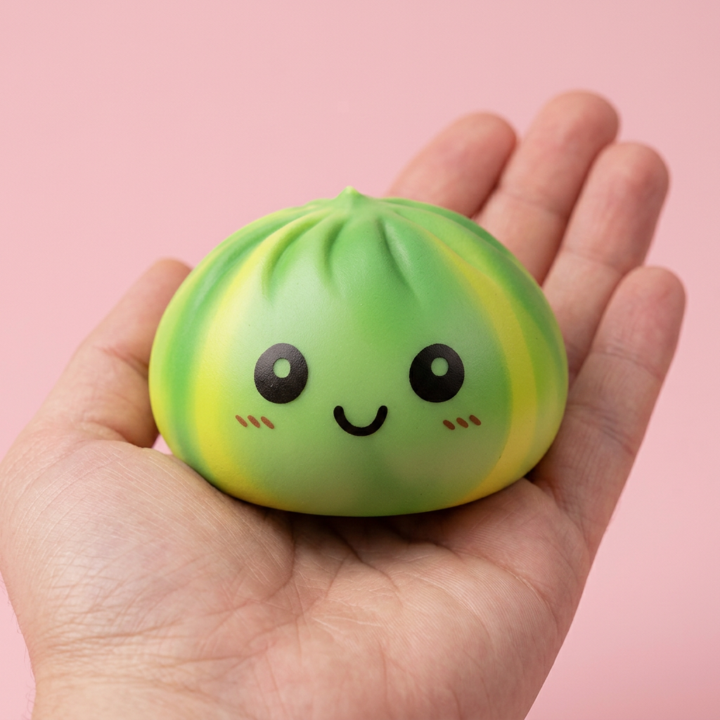 Tie Dye Dumpling Squishy Vihreä Pyörre kädessä — kokovertailu