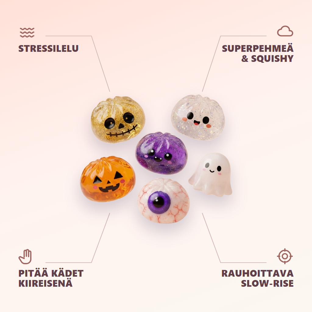 Dumpling Squishy Halloween Set de 5 infografiikka: tärkeimmät edut