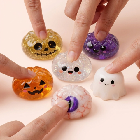 Dumpling Squishy Halloween Set de 5 puristettuna kädessä
